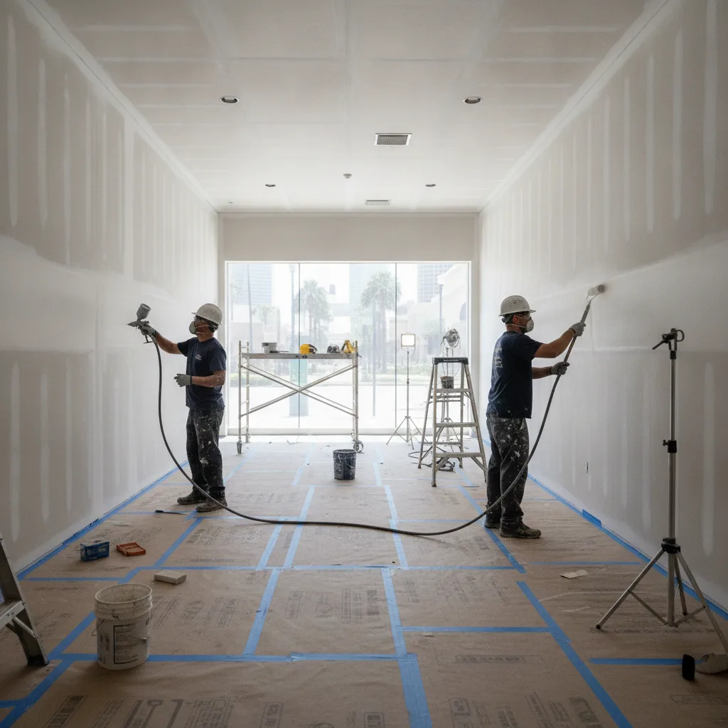 Painting crew spraying and rolling a retail tenant build-out
