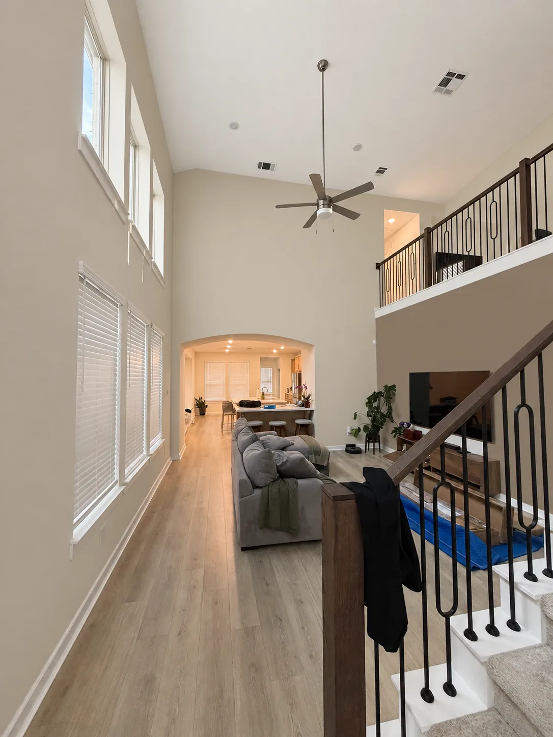 Warm neutral two-story home interior