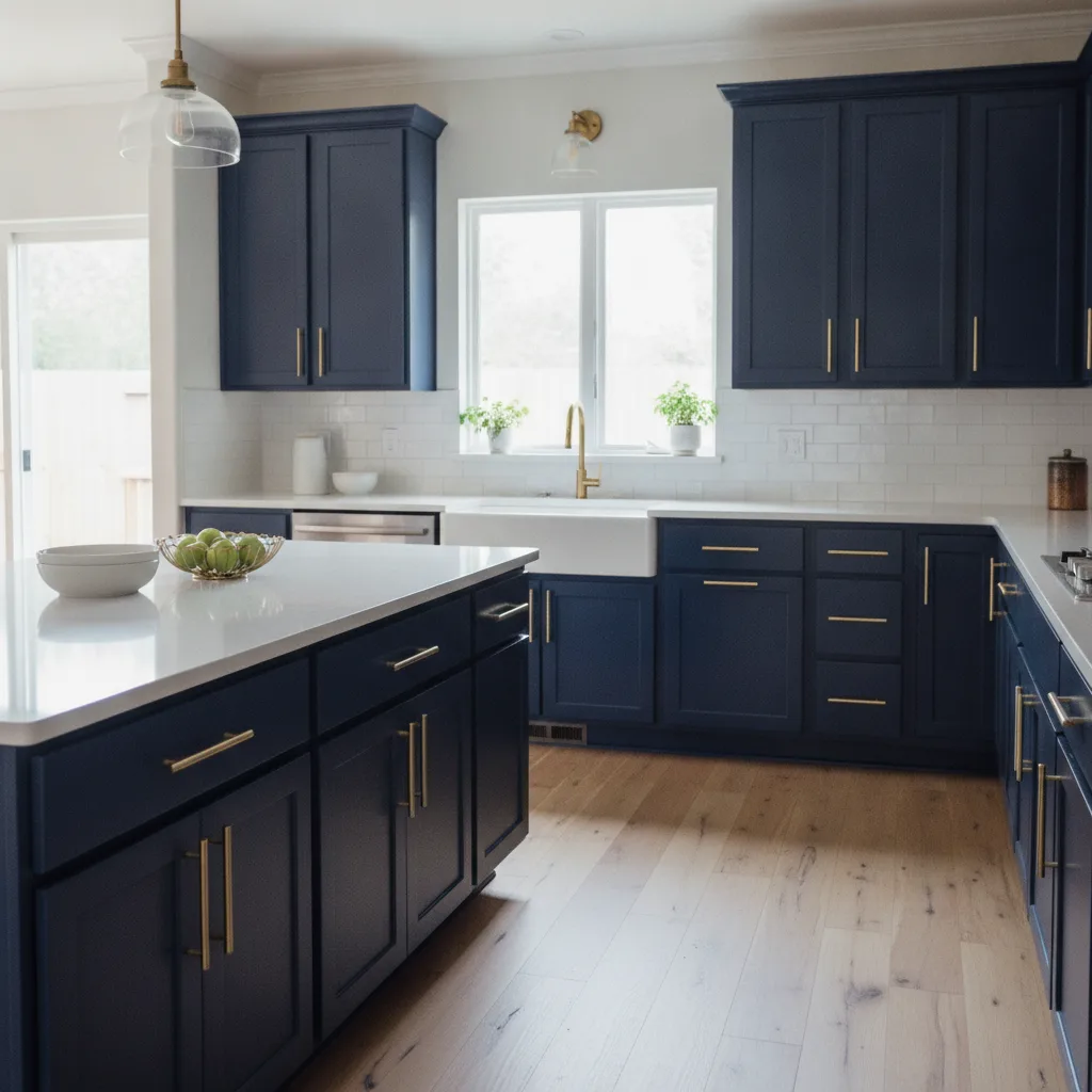 Kitchen cabinets refinished in navy