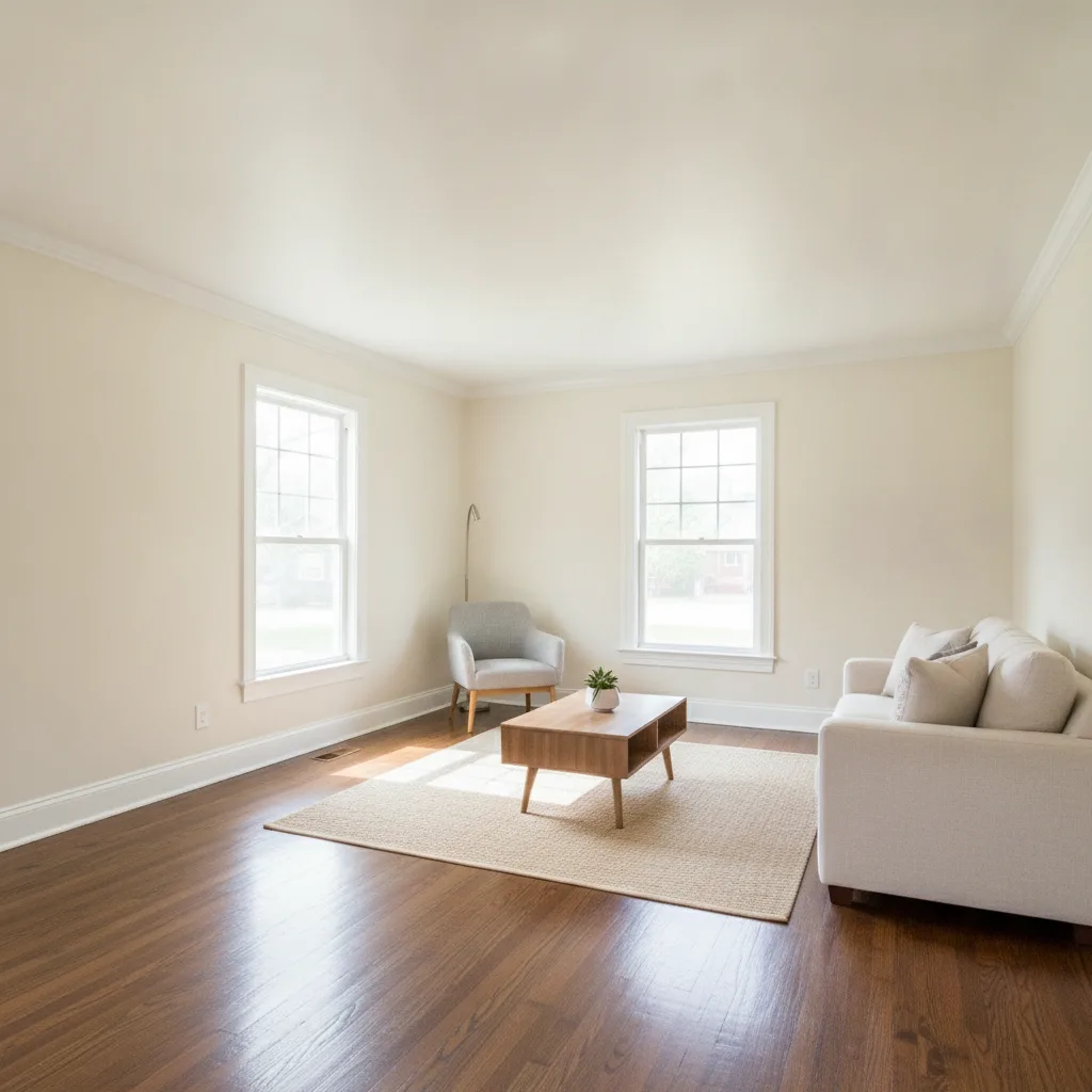 Freshly repainted living room with white trim